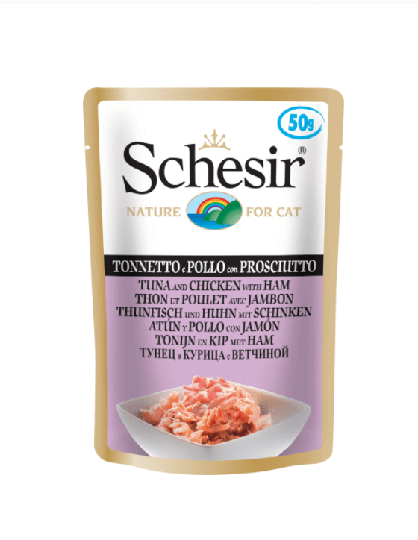 Schesir Nassfutter für Katzen Beutel Thunfisch und Huhn mit Schinken