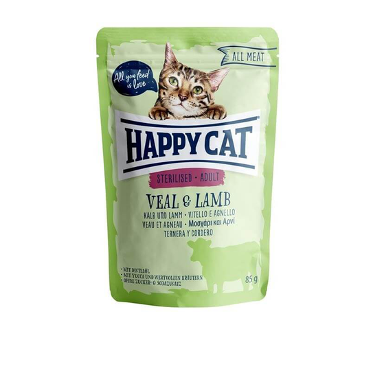 Happy Cat Nassfutter für Katzen Pouches - All Meat Adult Sterilised Kalb & Lamm