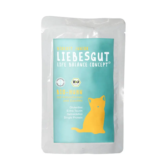 Liebesgut BIO-Huhn mit Kokosflocken und Zucchini Nassfutter für Katzen - 100g