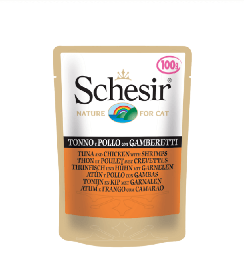Schesir Nassfutter für Katzen Jelly In Beutel Thunfisch & Huhn mit Garnelen