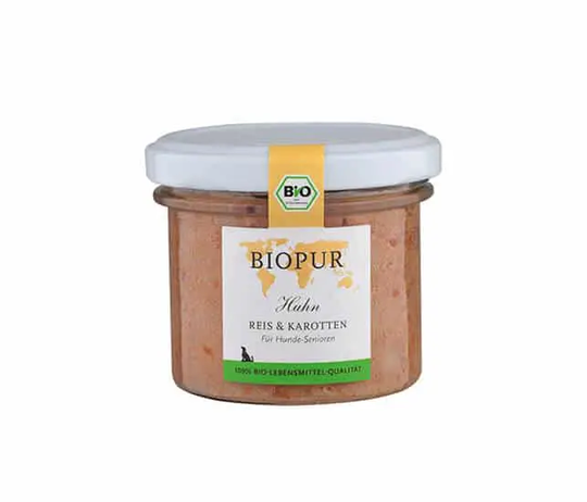 Biopur Senior Huhn Reis und Karotten im Glas Nassfutter für Hunde