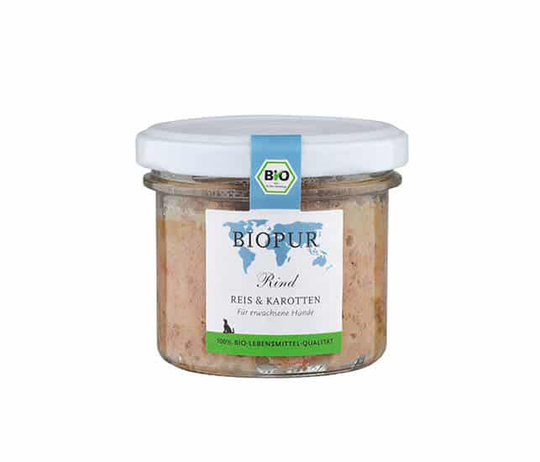 Biopur Hundefutter Rind, Reis, Karotten Bio- im GLAS