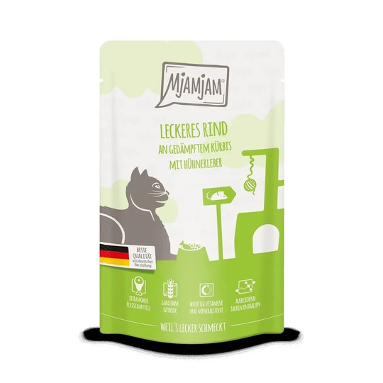 MjAMjAM Katzen Nassfutter leckeres Rind an gedämpftem Kürbis