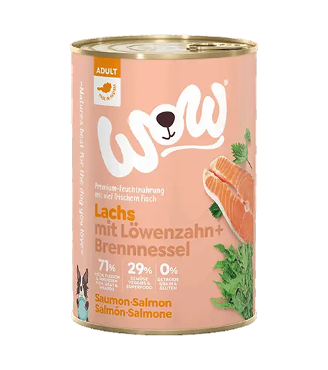 WOW Nassfutter für Hunde ADULT LACHS MIT LÖWENZAHN