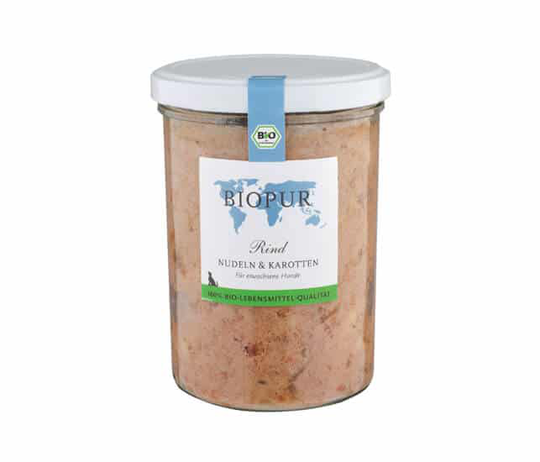 Biopur Rind, Nudeln und Karotten Bio-Hundefutter im GLAS