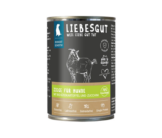 Liebesgut BIO-Ziege mit Süßkartoffel und Zucchini - Sensitiv Nassfutter für Hunde - 200g
