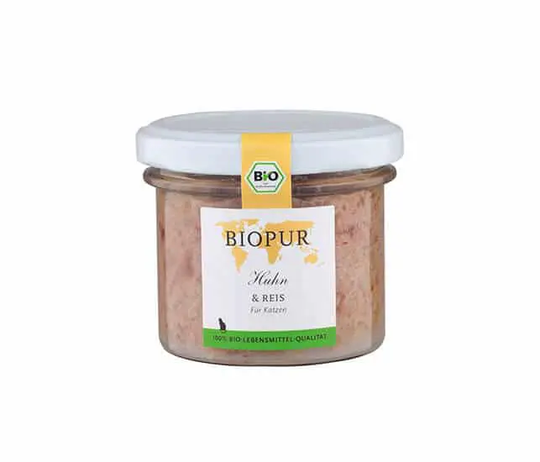 BIOPUR Bio Huhn & Reis Nassfutter für Katzen im Glas - 100g