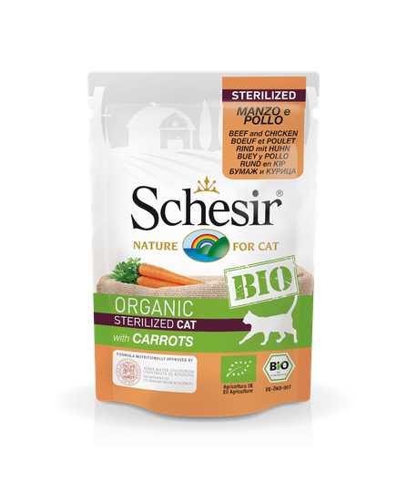 Schesir Nassfutter für Katzen Beutel BIO Rind+Huhn+Karotten