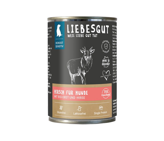 Liebesgut BIO-Hirsch mit Obst und Hirse - Sensitiv Nassfutter für Hunde - 400g