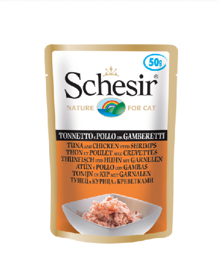 Schesir Nassfutter für Katzen Beutel Thunfisch und Huhn mit Garnelen