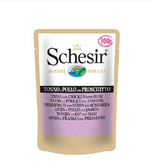 Schesir Nassfutter für Katzen Jelly In Beutel Thunfisch & Huhn mit Schinken